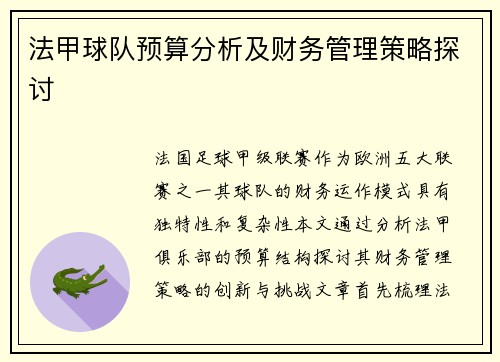 法甲球队预算分析及财务管理策略探讨